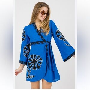 CIEBON 🔥 Kiera Embroidered Long Sleeve Cotton Wrap Dress In Blue Multi